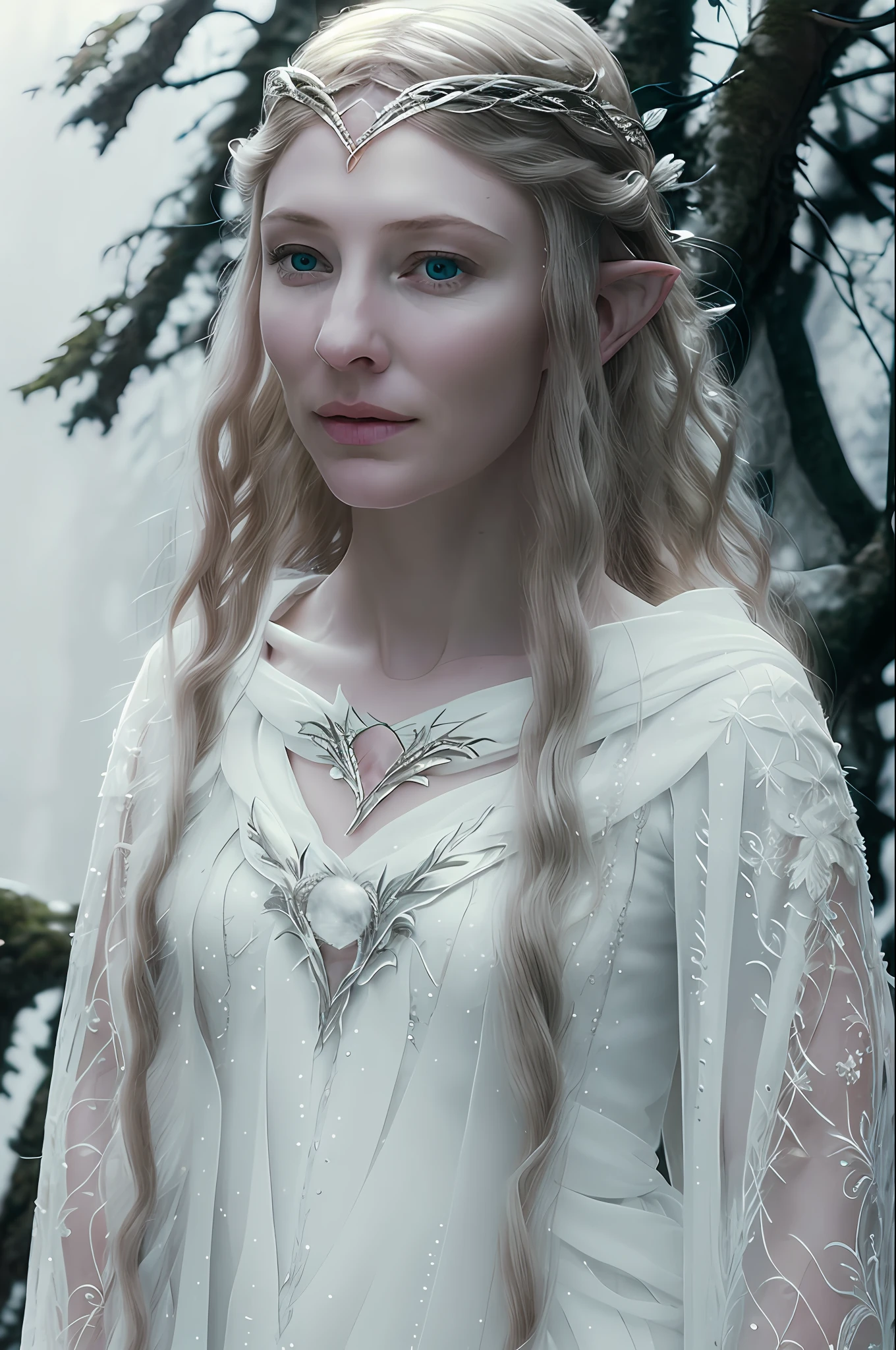 portrait painting of 1girl, galadriel, elf, blonde hair, blue eyes, white dress, detailed skin, fantasy, snowy nordic forest, modelshoot style, (extremely detailed CG), photo of beautiful artwork, (Antonio Moro), (Jeremy Mann), High Detail, Sharp focus, dramatic, oil painting, realistic