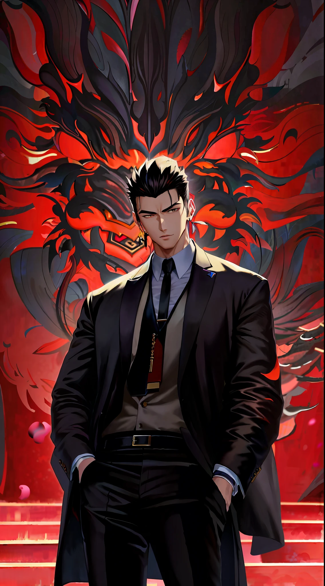 Anime handsome guy in suit and tie in front of the dark, mysterious and thick (neo-black style), agent in the work of Nobu Kiro Toshiaki, art official, high-quality art style. --auto --s2