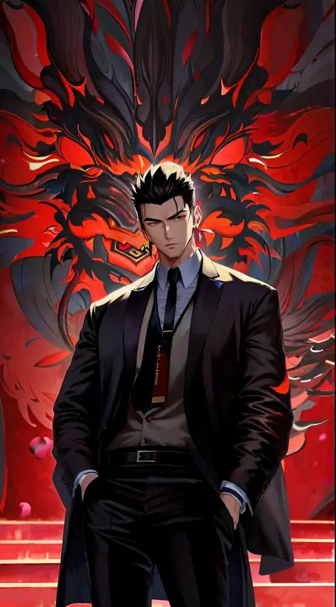 Anime handsome guy in suit and tie in front of the dark, mysterious and thick (neo-black style), agent in the work of Nobu Kiro ...