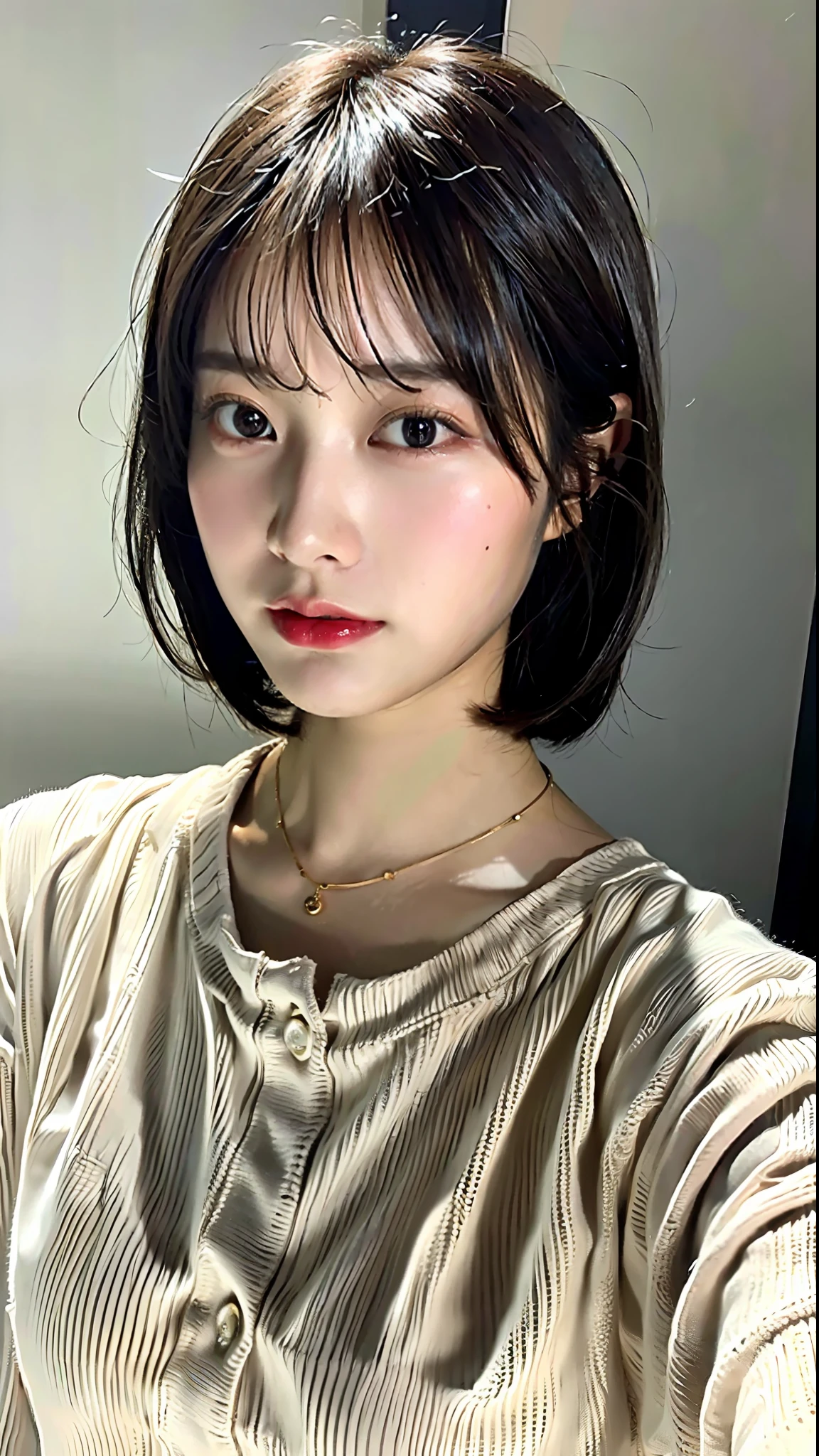 (Best quality, 8k, 32k, Masterpiece, UHD:1.2),Photo of Pretty Japanese woman, large breasts, very short bob hair,upper body,face focus,oversized_sweater, necklace, simple background, from above, looking at viewer,