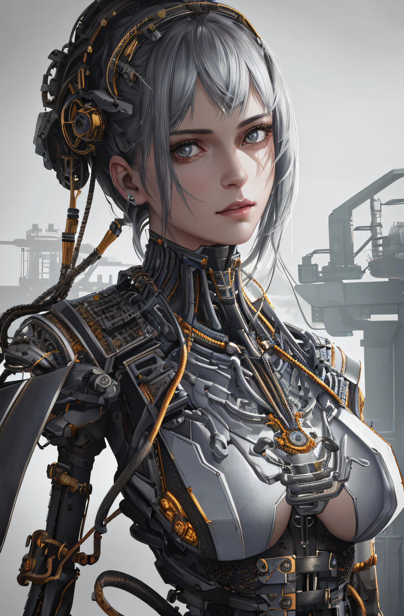 1mechanical girl,((ultra realistic details)), portrait, global illumination, shadows, octane render, 8k, ultra sharp,metal,intricate, ornaments detailed, cold colors, egypician detail, highly intricate details, realistic light, trending on cgsociety, glowing eyes, facing camera, neon details, machanical limbs,blood vessels connected to tubes,mechanical vertebra attaching to back,mechanical cervial attaching to neck,sitting,wires and cables connecting to head