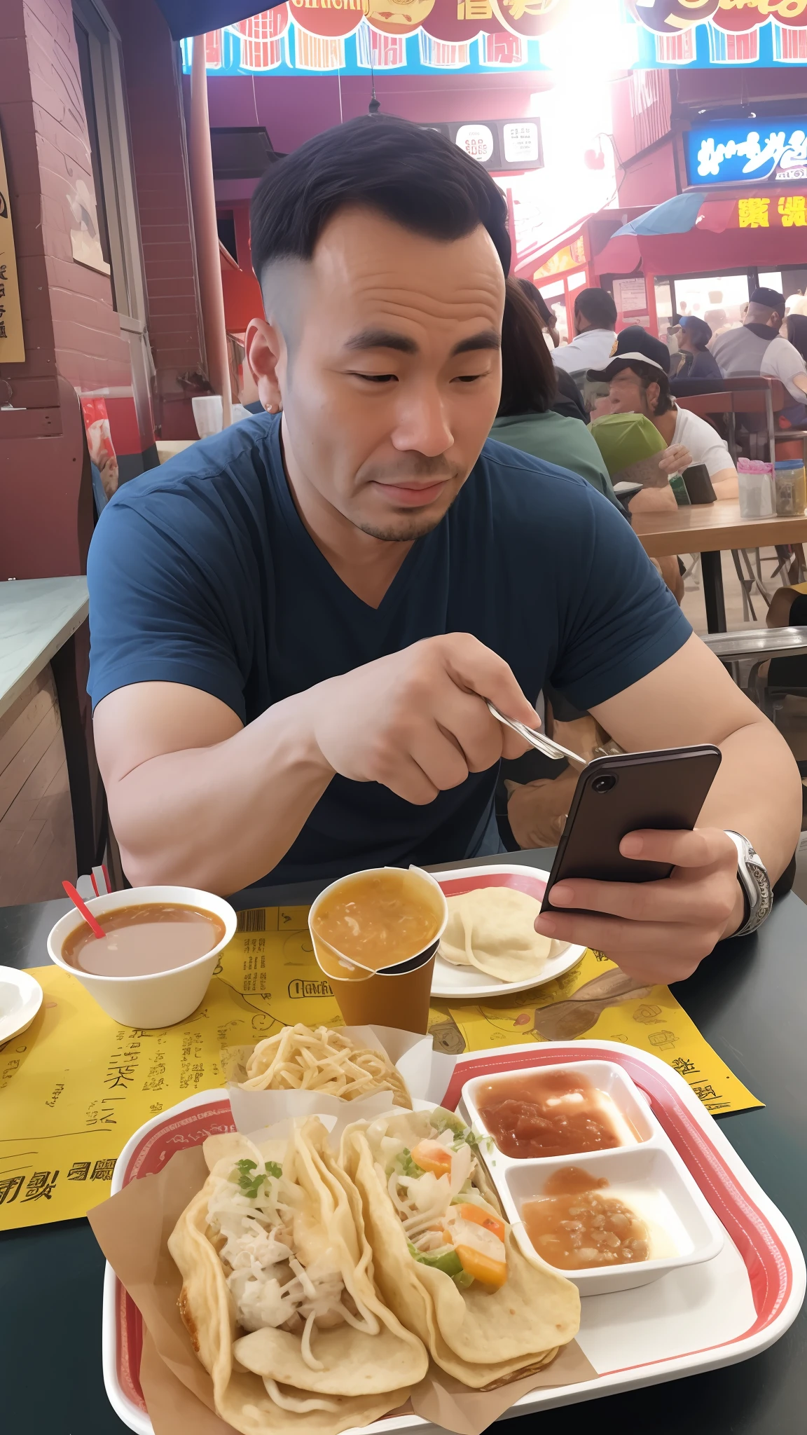 arafed man sitting at a table with a plate of food and a cell phone, looking at his phone, low quality photo, mukbang, candid shot, getting his tacos and drink), # oc, #oc, chinese artist, eating, photo taken in 2 0 2 0, taken in the early 2020s, eating ramen