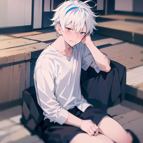 (anime style + soft moe) A cute and weak boy with white hair and a white shirt, he has a sad expression and sits on the ground c...