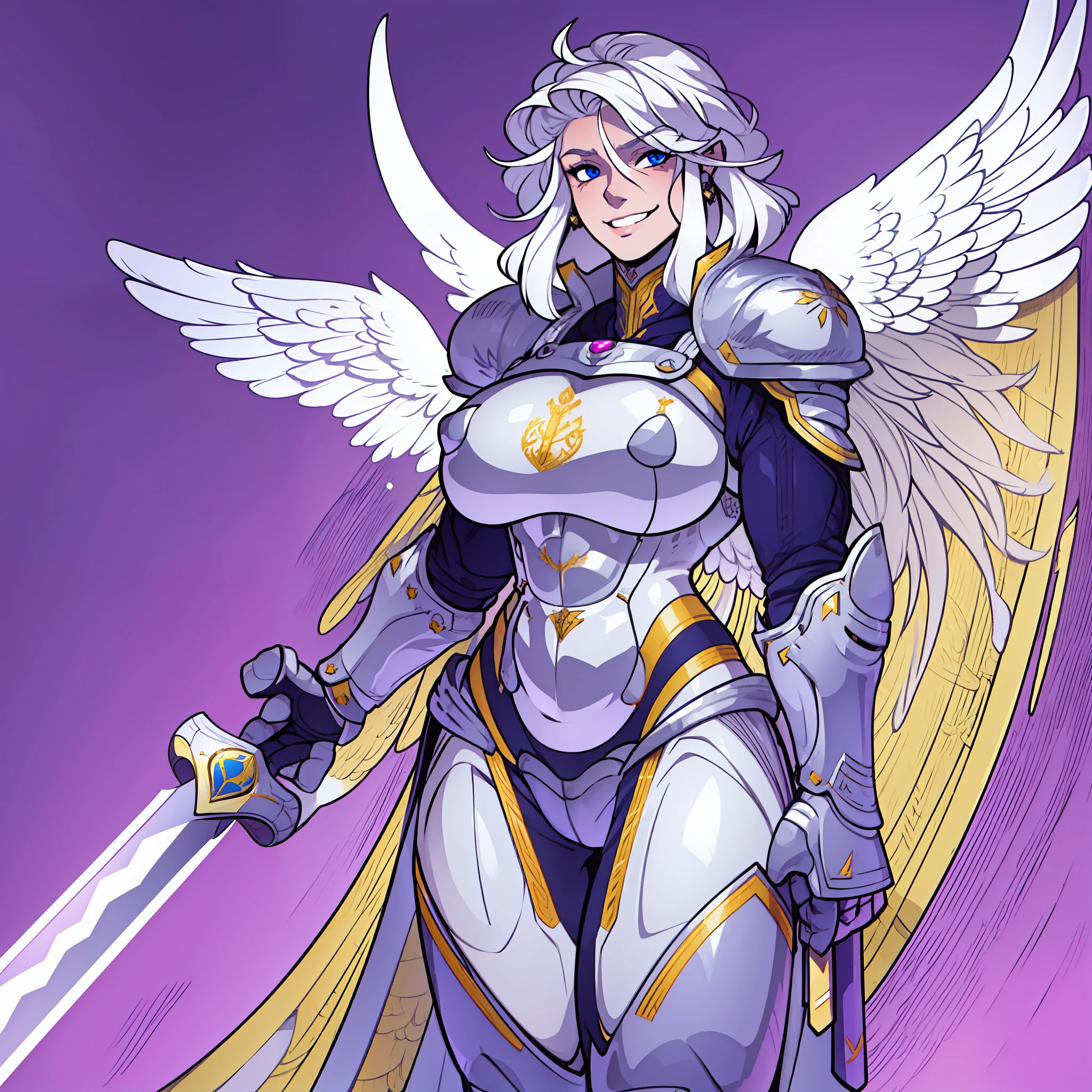 knight, young girl, sword holding , schield holding, angel, silver hair, blue eyes, portrait, 1character, full body, musclegirl , huge breast, tall female, portrait, full body, smile, pants