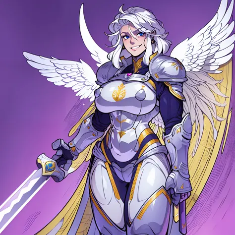 knight, young girl, sword holding , schield holding, angel, silver hair, blue eyes, portrait, 1character, full body, musclegirl ...