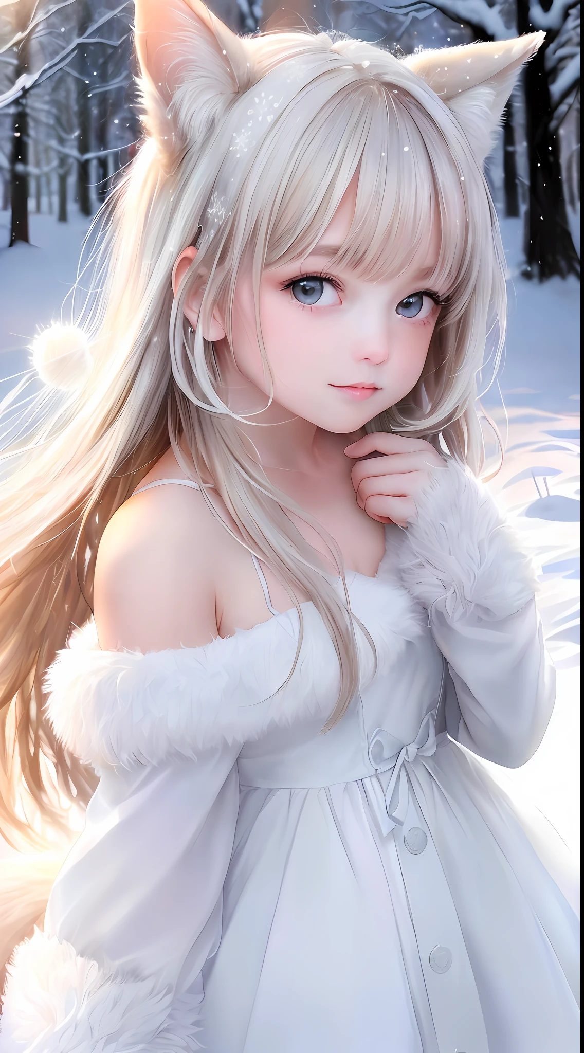 (raw photo:1.2), (photorealistic:1.4), (best quality:1.4), (ultra highres:1.2), (highly detailed:1.3), (HDR:1.2), (cinematic lighting:1.3), (detailed eyes), (facial details), (fur details), (snowy:1.2). ), Cute Little Fox, Standing, (3/4 Portrait: 1.2), (Furry Tail: 1.2), (Soft Fur: 1.2), (Moe: 1.2), (Looking at the Audience), (Innocent Expression), (Soft Light), (Dreamy), (Dream: 1.3), (Ethereal: 1.3), (Magic: 1.2), (Snowflake: 1.2), (Winter Wonderland: 1.3), (Whimsical: 1.2), (Fun: 1.2), Bust, Solo