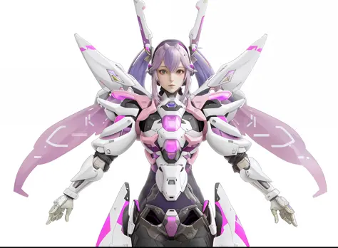 Close-up of gradient pink-purple double ponytailed woman, female mech, white futuristic armor, glossy white armor