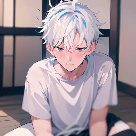 (Anime style + soft cute) A cute and weak boy with white hair, wearing a white shirt, with a sad expression, crying and sitting ...