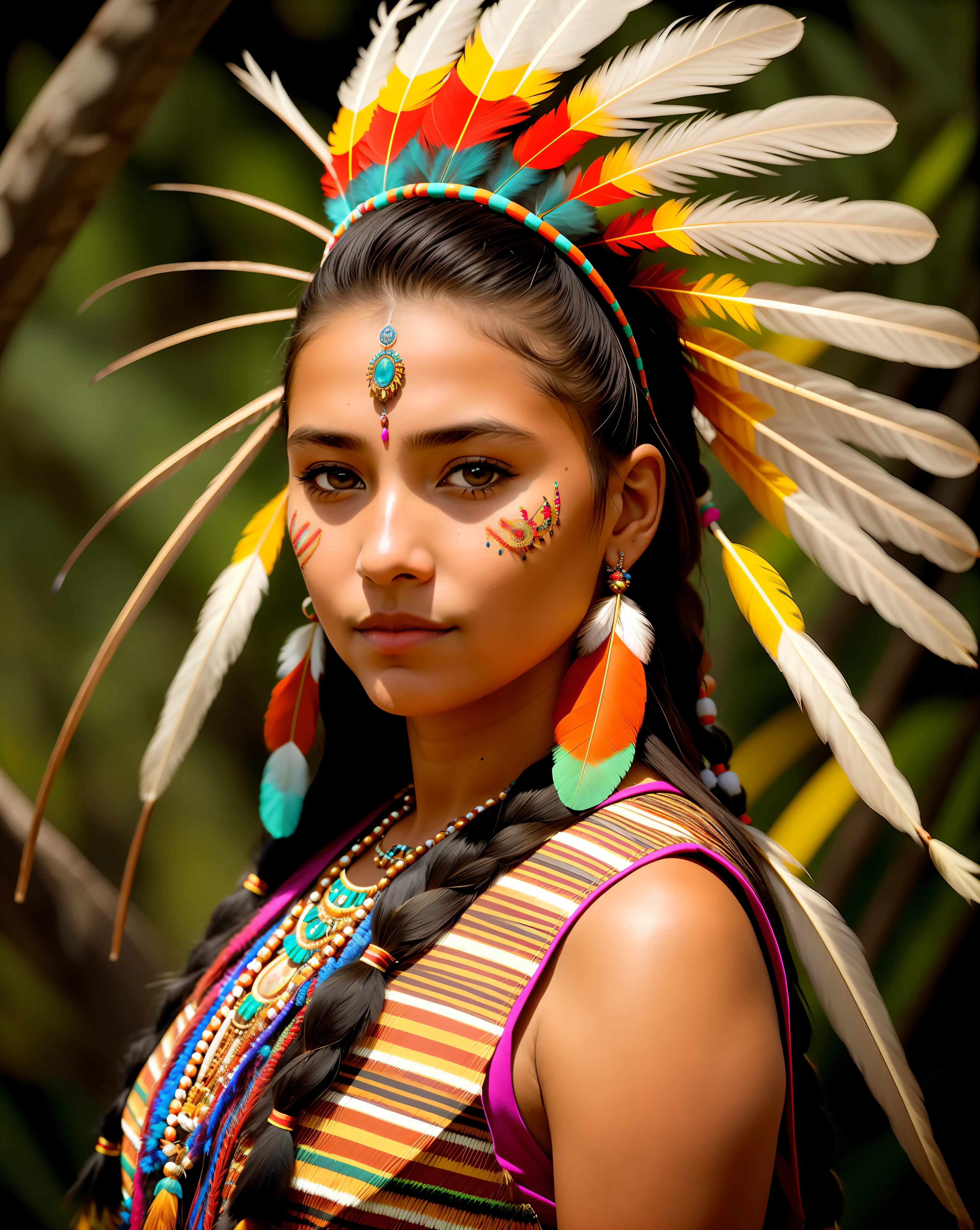 A close up of a woman wearing a headdress and feathers - SeaArt AI