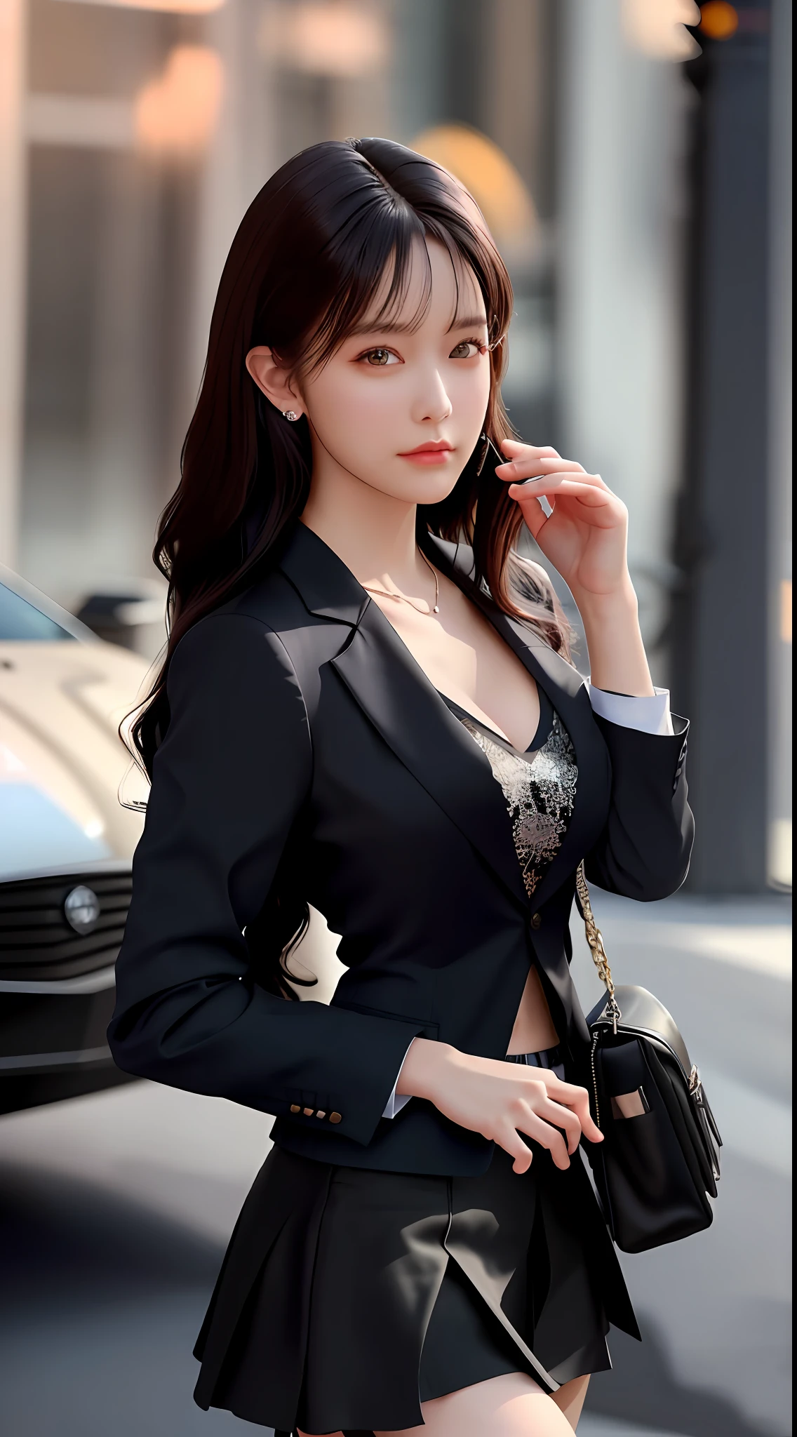best quality, masterpiece, 1girl, Beautiful face, (photo realistic:1.3), rim lighting, (high detailed skin:1.2), 8k uhd, dslr, high quality, high resolution, 4k, 8k, Bokeh,  absurdres, best ratio four finger and one thumb, (realistic:1.3), cute 1girl, wearing black formal blazer, medium breasts, short skirt,