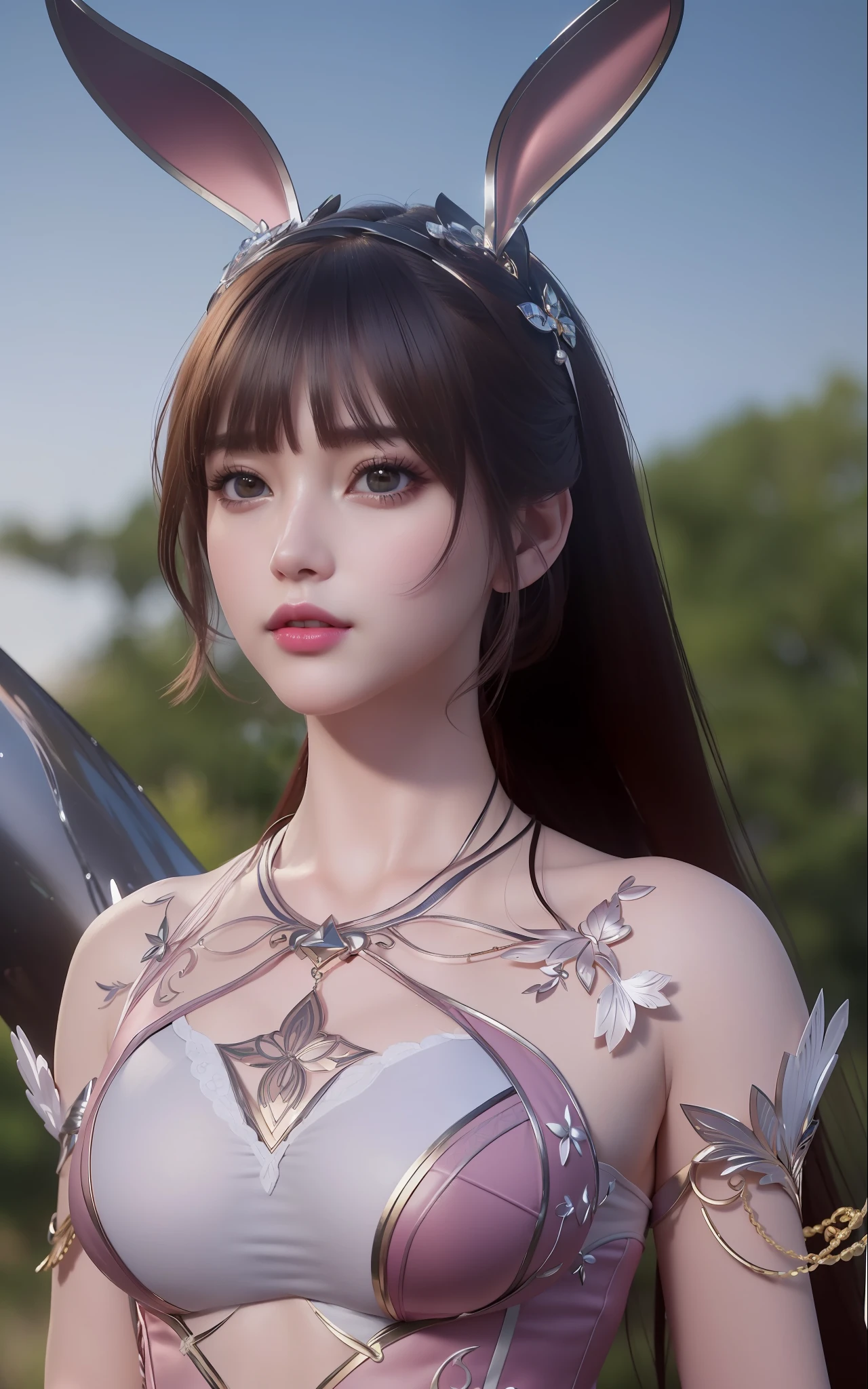 (masterpiece, best quality, extremely detailed 8k, ultra hd, ultra-detailed, highly detailed, highly realistic, ultra-realistic, photo realistic), (1girl:1.5), (detailed realistic skin), (realistic big breasts), (pink lipstick), slender abs,