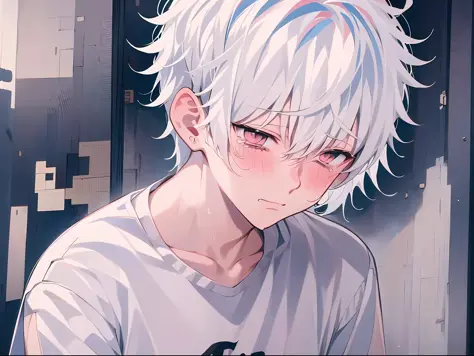(anime style + soft cute) boy, white hair, white shirt, sadness + crying, ground + close-up, tears.