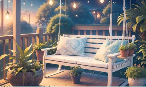 (masterpiece), anime (white wooden) beautiful porch balcony (boho style), swings, side glass table, (beautiful plants, hanging p...