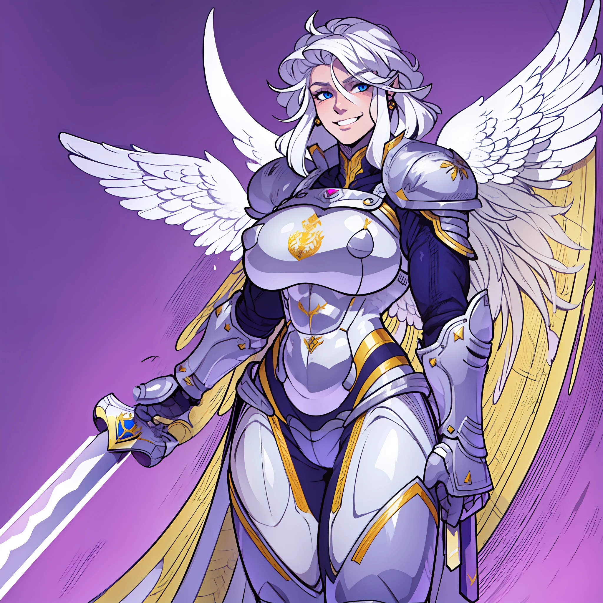 knight, young girl, sword holding , schield holding, angel, silver hair, blue eyes, portrait, 1character, full body, musclegirl , huge breast, tall female, portrait, full body, smile, pants, holding sword