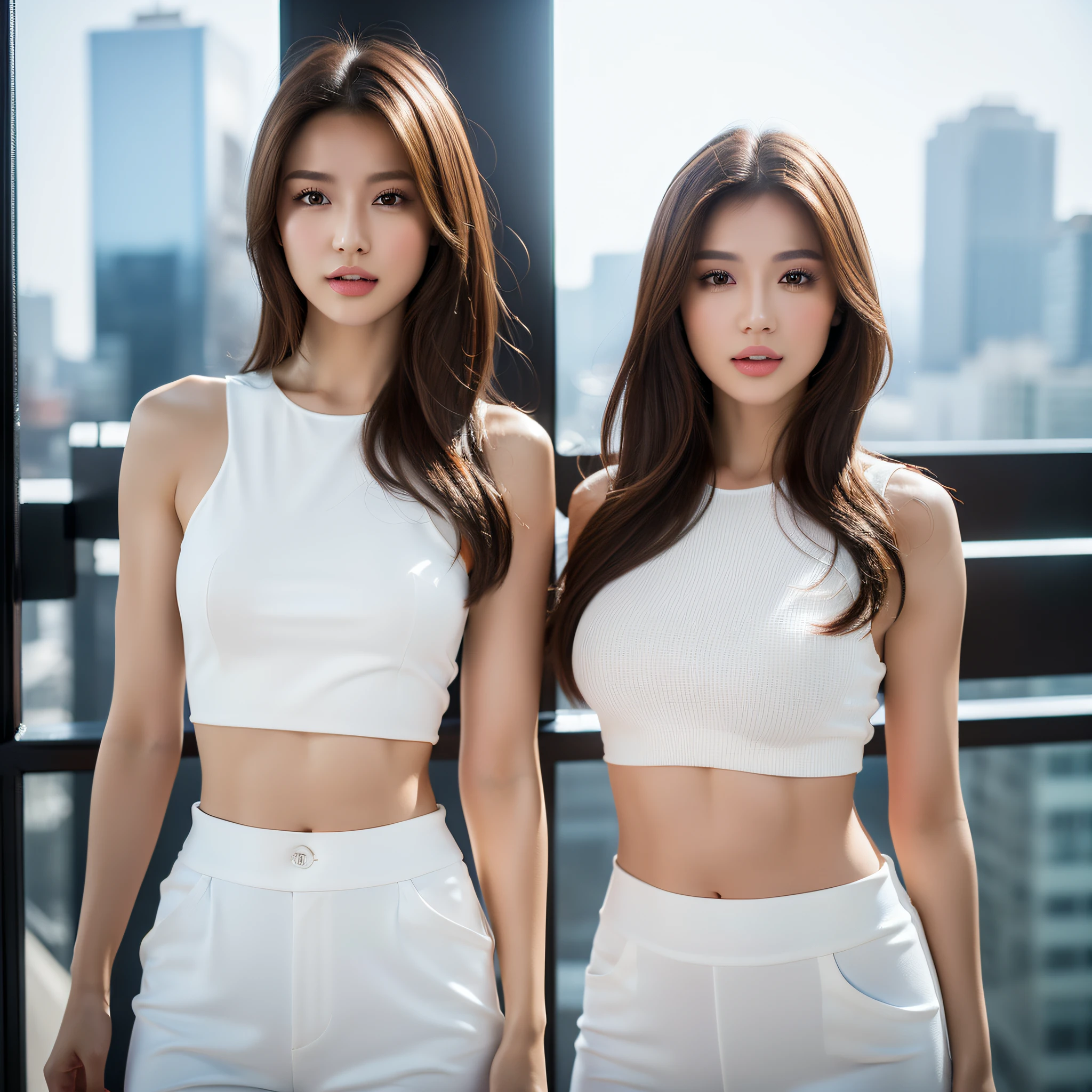 ((Realistic Light, Best Quality, 8K, Masterpiece: 1.3)), Clear Focus: 1.2, 1girl, Perfect Body Beauty: 1.4, Slim Abs: 1.1, ((Dark Brown Hair)), (White Crop Outfit: 1.4) (Outdoor), City View, Super Fine Face, Fine Eyes, Double Eyelids, Full Body Shot