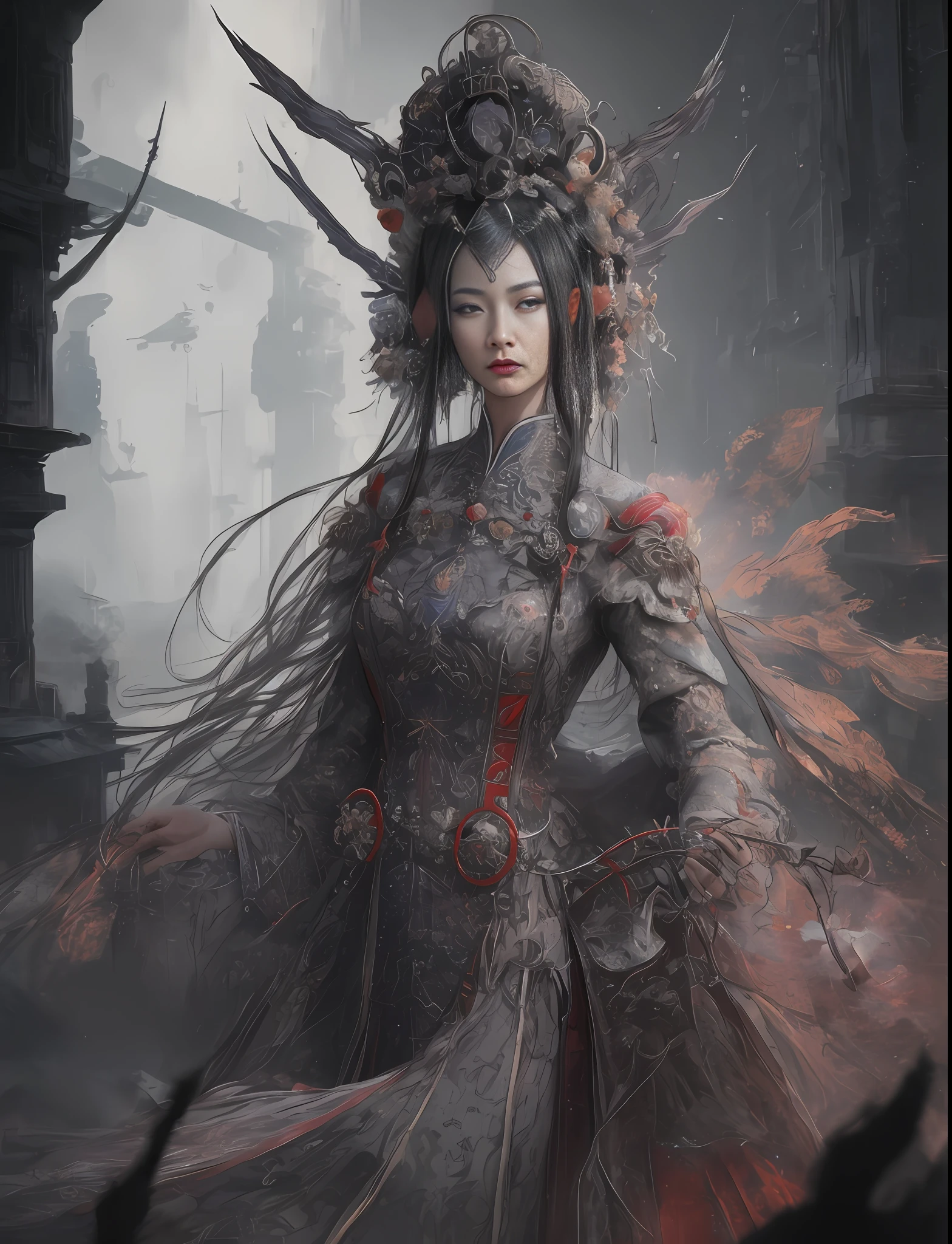 chinese woman in a hanfu with a long black hair and a long nails, eldritch horror goddess, dungeon & dragon lich, necromancer sorceress, female occultist, eldritch goddess, scary queen of death, evil sorceress, dark sorceress full view, female necromancer, background cyberpunk 2077, modern building, dark aesthetic, darkness, crazy visual, cinematic, grain, masterpiece, best quality