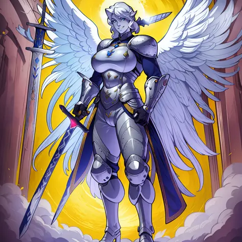 knight, young girl, sword holding , schield holding, angel, silver hair, blue eyes, portrait, 1character, full body, musclegirl ...