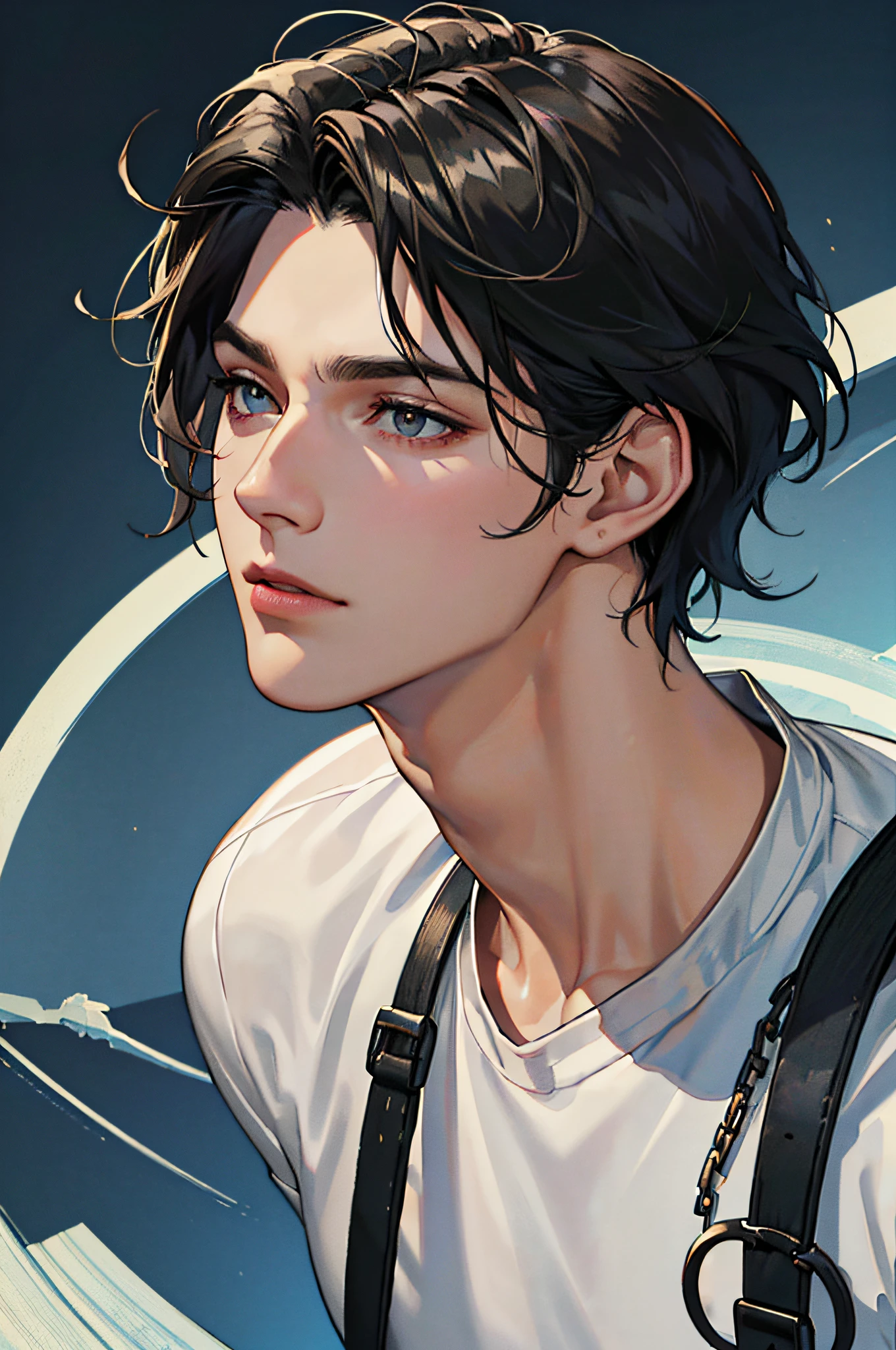 8k wallpaper, super detailed, beautiful, masterpiece, best quality, 1 adult young male, black hair, short hair, flowing short bangs, delicate jawline, dan phoenix eyes, high nose, jacket top, white t-shirt bottom, cargo pants, normal dress, ear chain in one ear, dark atmosphere