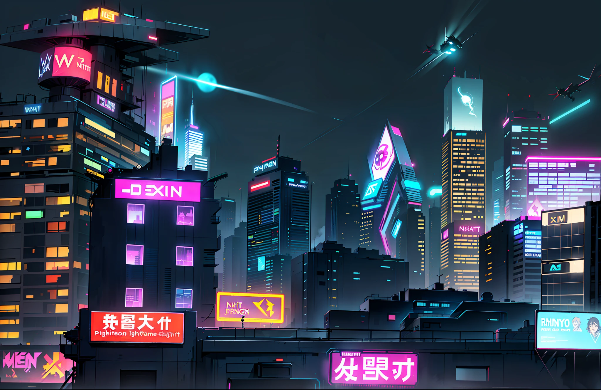 (High Quality, Best Quality, High Resolution), (Ultimate Phantom Concept Art), Night City, (WSTBLK:1.3), Neon Lights, High-Rise, (Night:1.5)