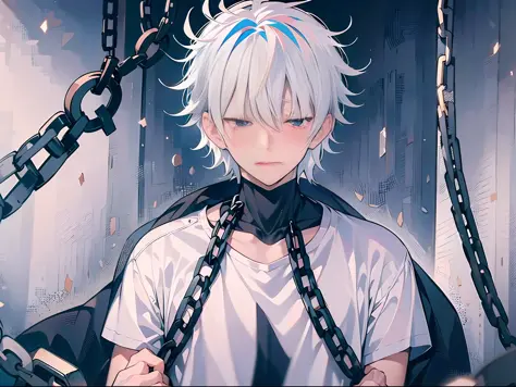 (Anime wind + soft cute) boy, white hair, white shirt, sadness + crying, ground + vista, tears. Bound by chains, hands touching ...