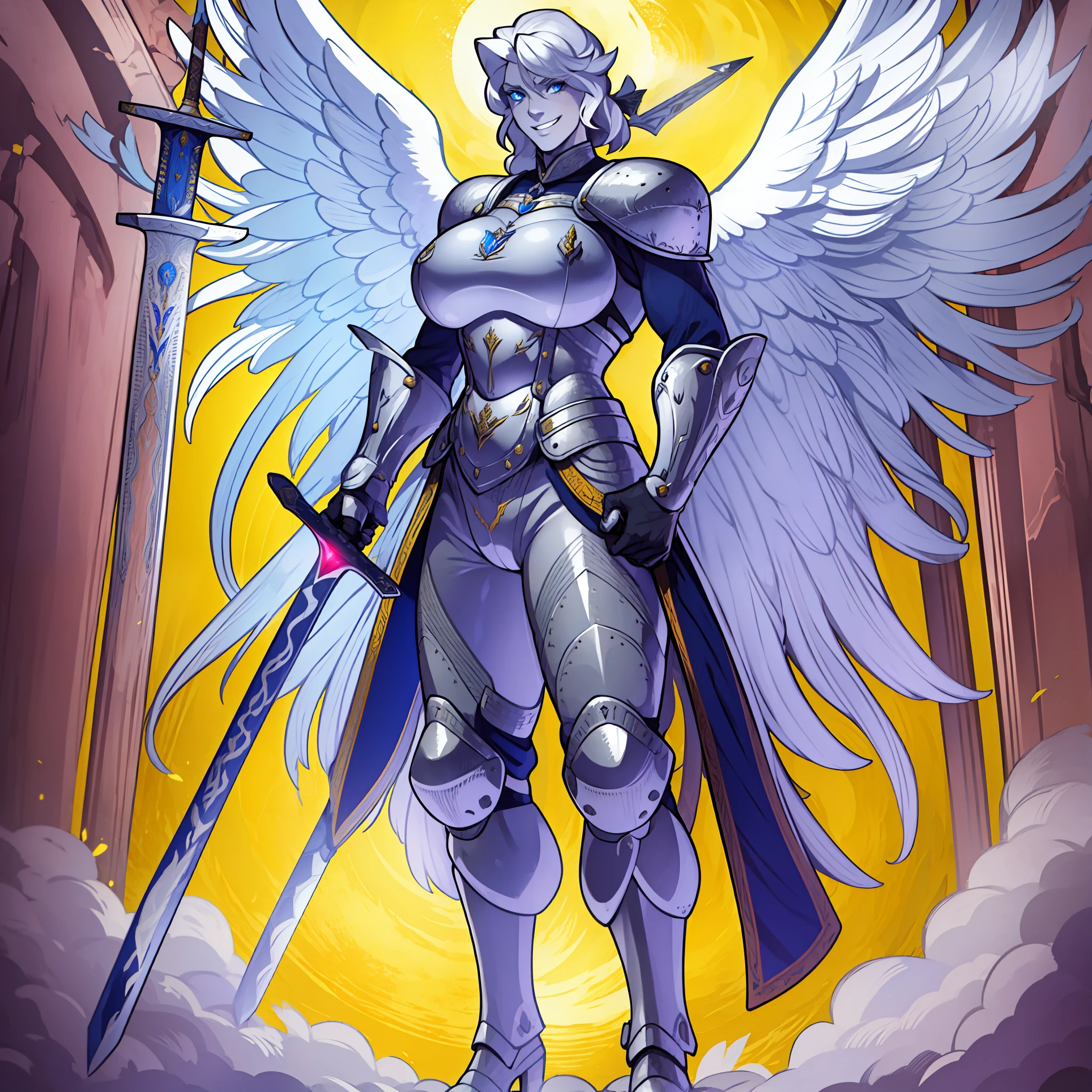 knight, young girl, sword holding , schield holding, angel, silver hair, blue eyes, portrait, 1character, full body, musclegirl , huge breast, tall female, portrait, full body, smile, pants