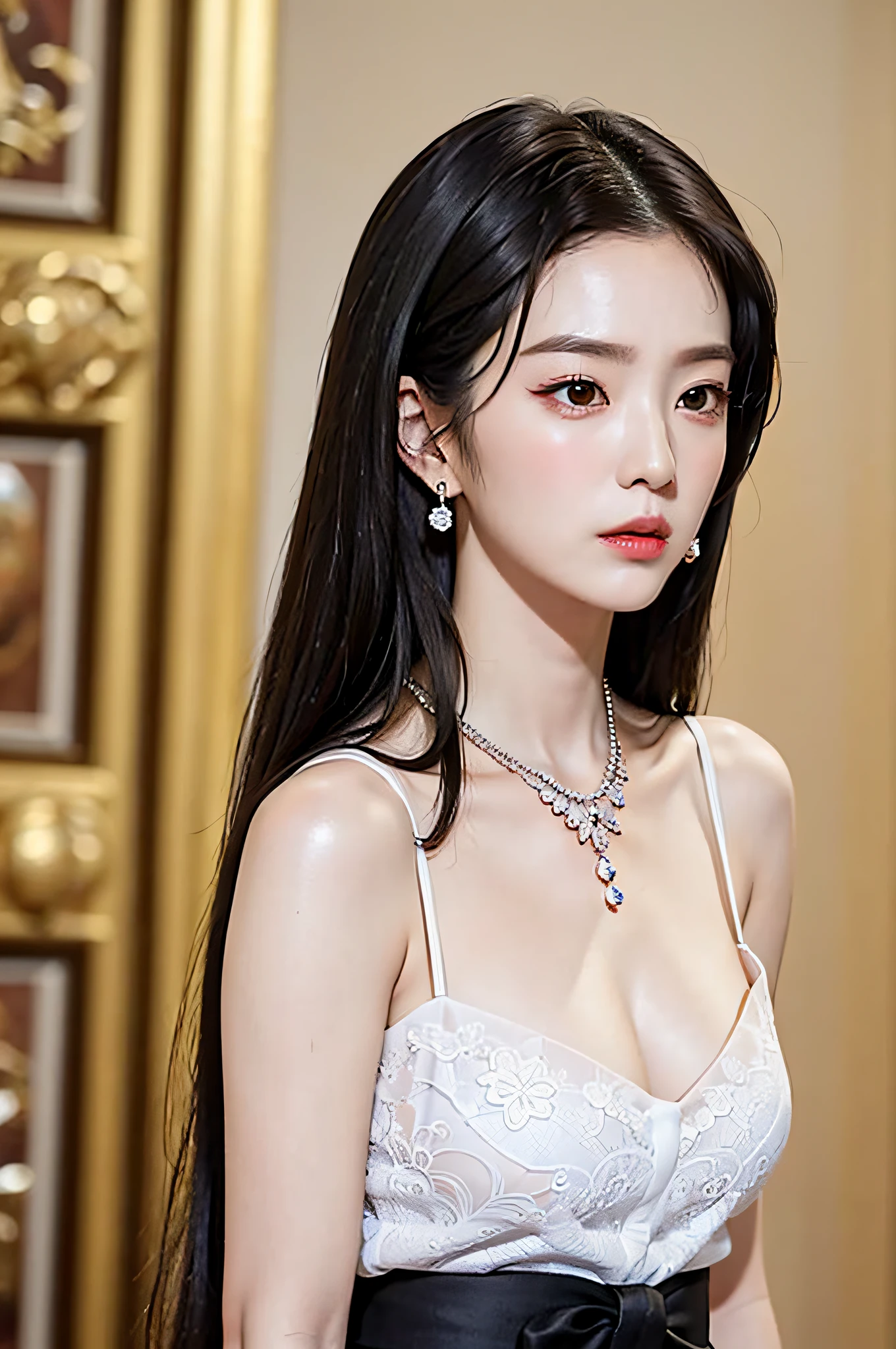 Girl, black hair, black eyes, closed mouth, collarbone, earrings, jewelry, lips, long hair, around tail, looking at the audience