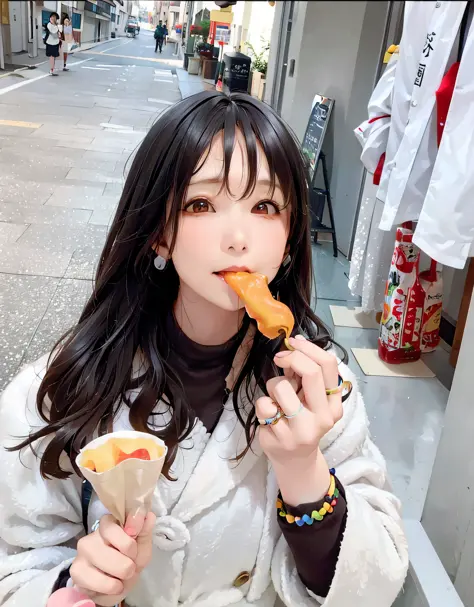 woman eating a hot dog with a bun in her mouth, 奈良美智, chiho, dilraba dilmurat, eating, shikamimi, 🚿🗝📝, sakimichan, ulzzang, 8k))...