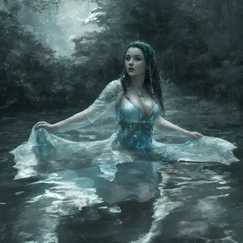 a woman in a hanfu is standing inside river, nymph in the water, photoshoot queen of oceans, in water up to her shoulders, fantasy photoshoot, wearing a dress made of water, in water, in the water, cinematic goddess shot, a stunning young ethereal figure, ...