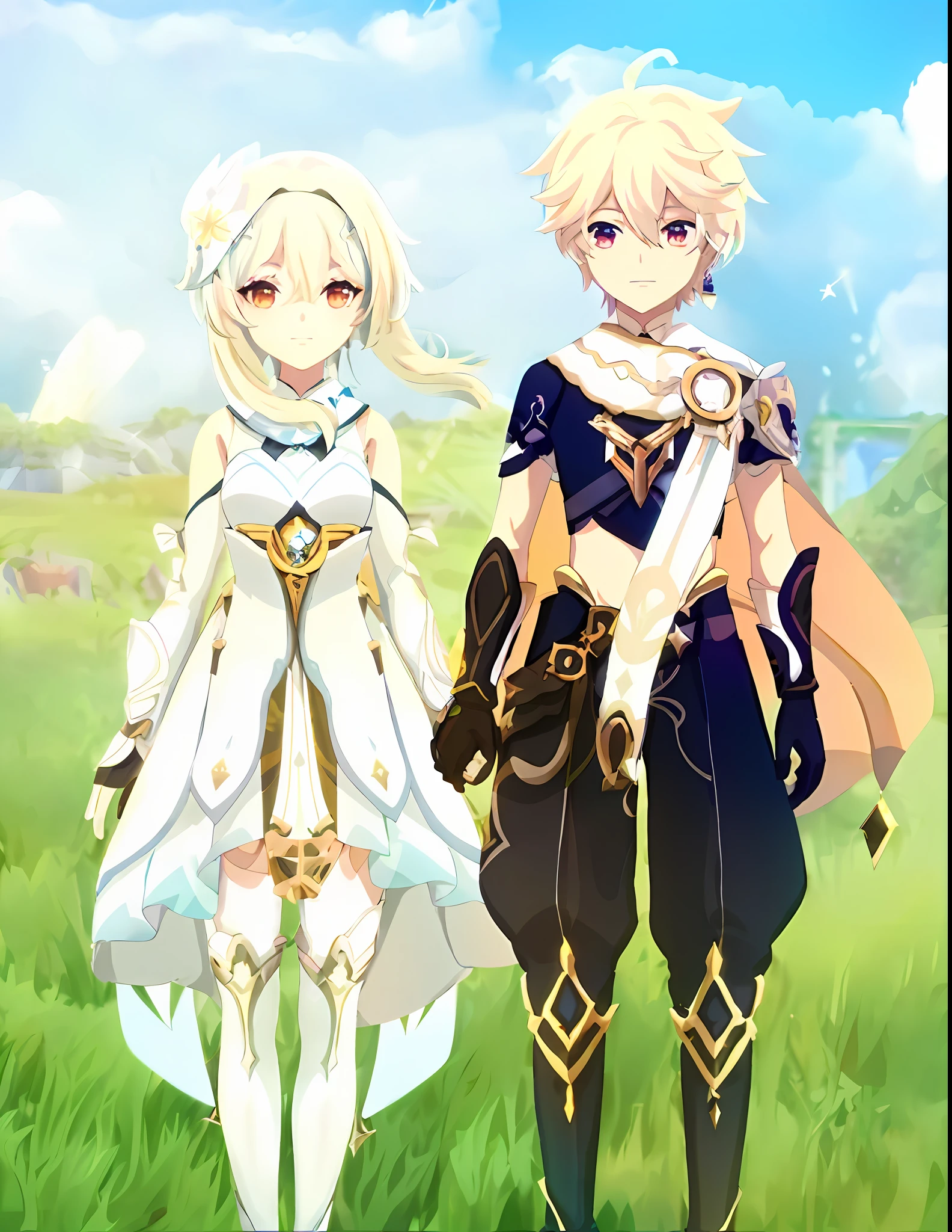 anime characters dressed in white and black standing in a field, genshin, video game genshin impact, golden-white robes, genshin impact character, gold and white robes, sirius a and sirius b, anime in fantasy style, angelic golden armor, intricate white and gold armor, key anime art, ayaka game genshin impact, detailed key anime art