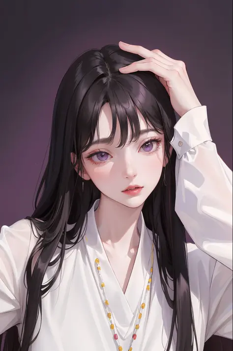 (highest resolution, distinct_image) The best quality, a woman, masterpiece, highly detailed, (semi-realistic), long black hair, long straight hair, black hair bangs, purple eyes, mature, cherry glossy lips, white background, close-up portrait, solid circl...