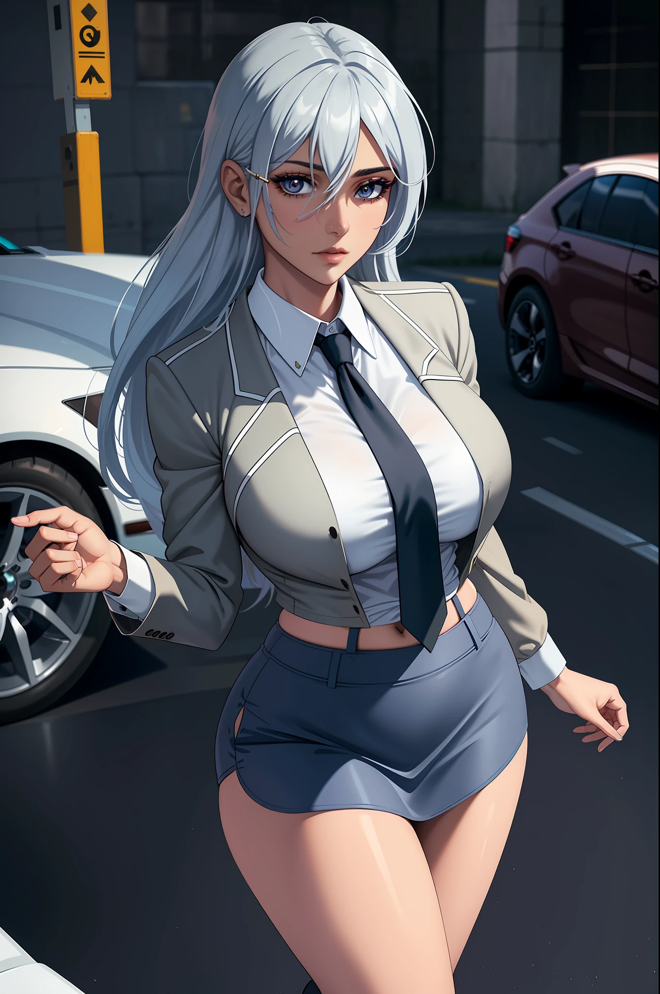 miriya, curvy, hair over one eye, dark feminine skin, dark skin, gray hair, long hair, hair ornament, (wearing business clothes, formal jacket, neck tie, tie, white shirt, blue skirt, heels, high waist skirt) (large perfect round breasts, hourglass body, thin waist, btpt-fc, realistic photo, (hyperrealistic: 1) beautiful, masterpiece, best quality, extremely detailed face,   perfect lighting, detailed eye makeup, detail face, nice detailed eyes, nice hands, perfect hands (realistic pupils, realistic iris: 1) heavy eye makeup, (co-worker, working in auto school, auto school in the background)