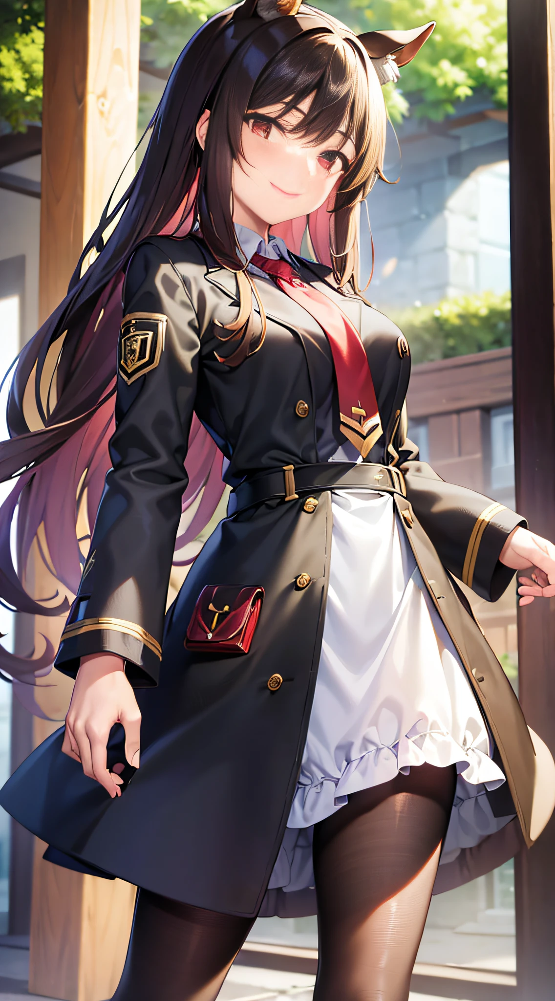 ((masterpiece, best quality)), 1girl, smile, 
agnes tachyon \(umumusume\), horse girl, horse tail, brown hair, red eyes, 
standing, 
labcoat, black pantyhose, sleeves past fingers, yellow sweater, black necktie, black shirt, sleeves past wrists, sleeves past fingers