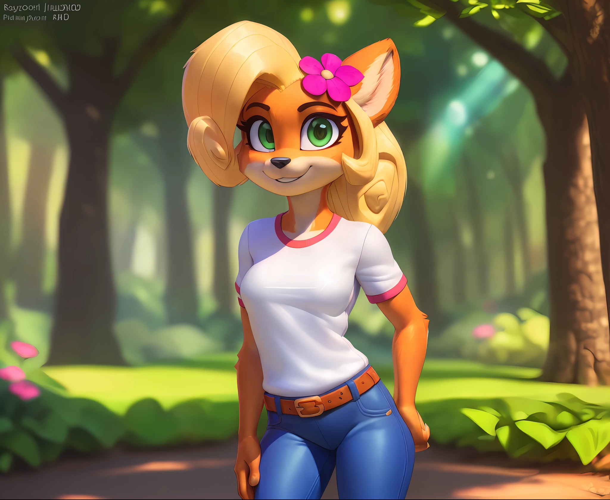 [Coco bandicoot], [Uploaded to e621.net; (Pixelsketcher), (wamudraws)], ((masterpiece)), ((solo portrait)), ((1girl)), ((furry; anthro)), ((detailed fur)), ((raytracing)), ((detailed shading)), ((beautiful 3D art)), {anthro; (orange fur, black nose), cute green eyes, blonde hair, curly ponytail, curly bang, happy smile, ((white shirt; red lining), small boobs, blue jeans), (pink flower in hair), pink sneakers}, ((standing; hands in pockets) attractive pose), [background; flower plains; (trees, sun rays through trees)]