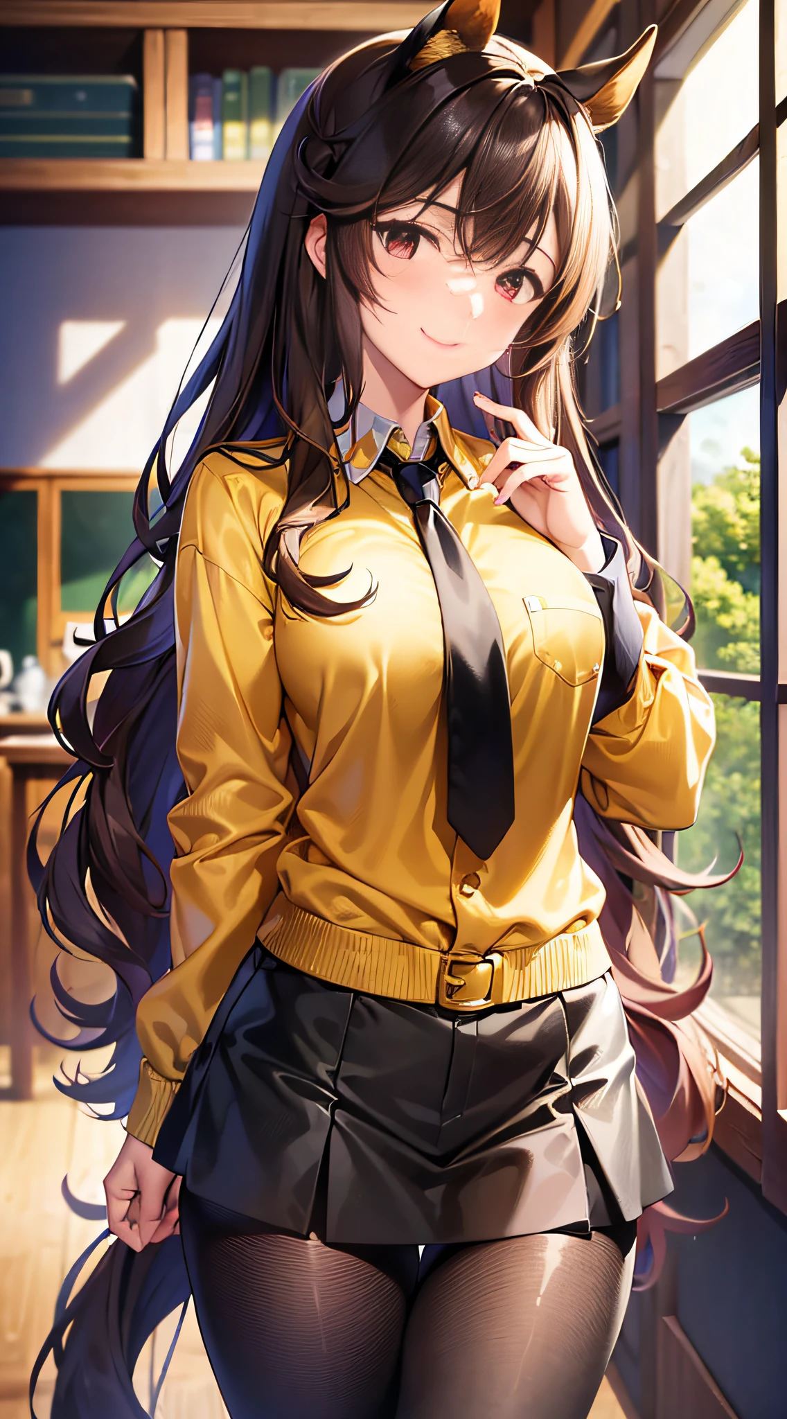 ((masterpiece, best quality)), 1girl, smile, 
agnes tachyon \(umumusume\), horse girl, horse tail, brown hair, red eyes, 
standing, 
labcoat, black pantyhose, sleeves past fingers, yellow sweater, black necktie, black shirt, sleeves past wrists, sleeves past fingers