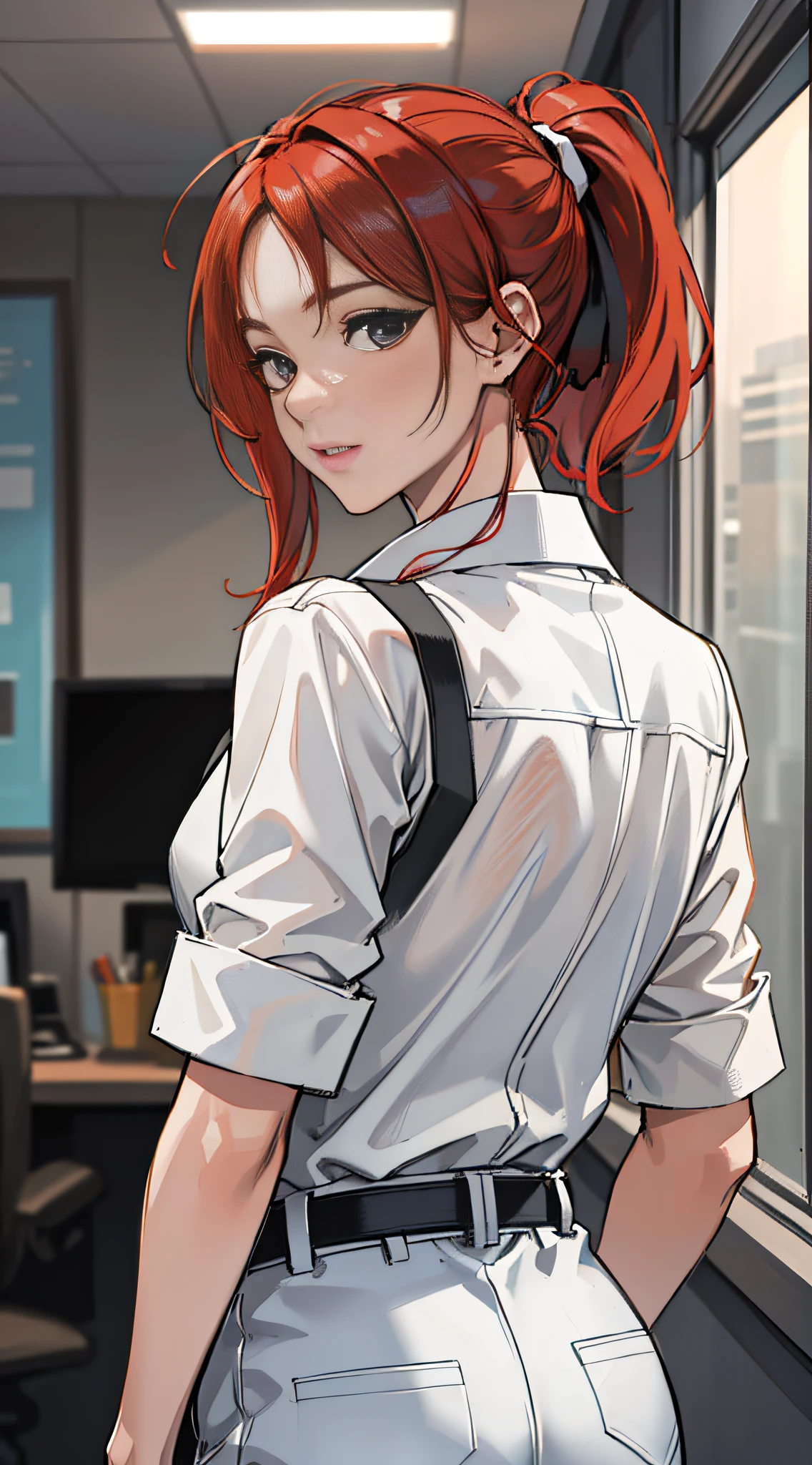 masterpiece, best quality, high res, realistic, award winning photo of makima, office, red hair, short hair ponytail, white shirt, black pants, black tie, looking at viewer, high detailed,