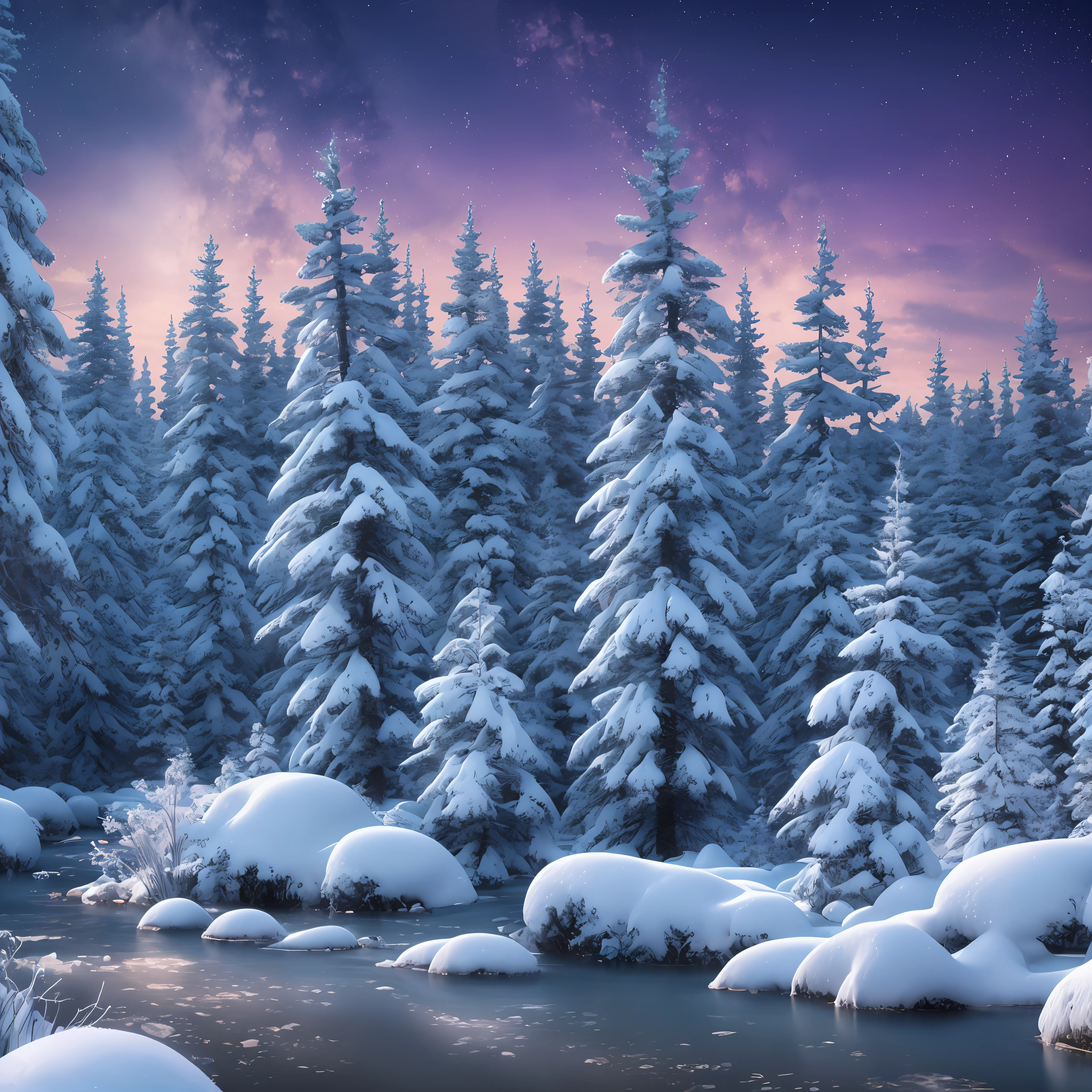 masterpiece, best quality, high quality, extremely detailed CG unity 8k wallpaper, taiga, silence, towering conifers covered with water floor, harsh cold climate, serene beauty, snow, winter, mild summer, breeze, needles, branches, bokeh, depth fields, HDR, bloom, chromatic aberration, photorealistic, extremely detailed, popular on artstation, popular on CGsociety, complex, high detail, dramatic, art midway --auto --s2