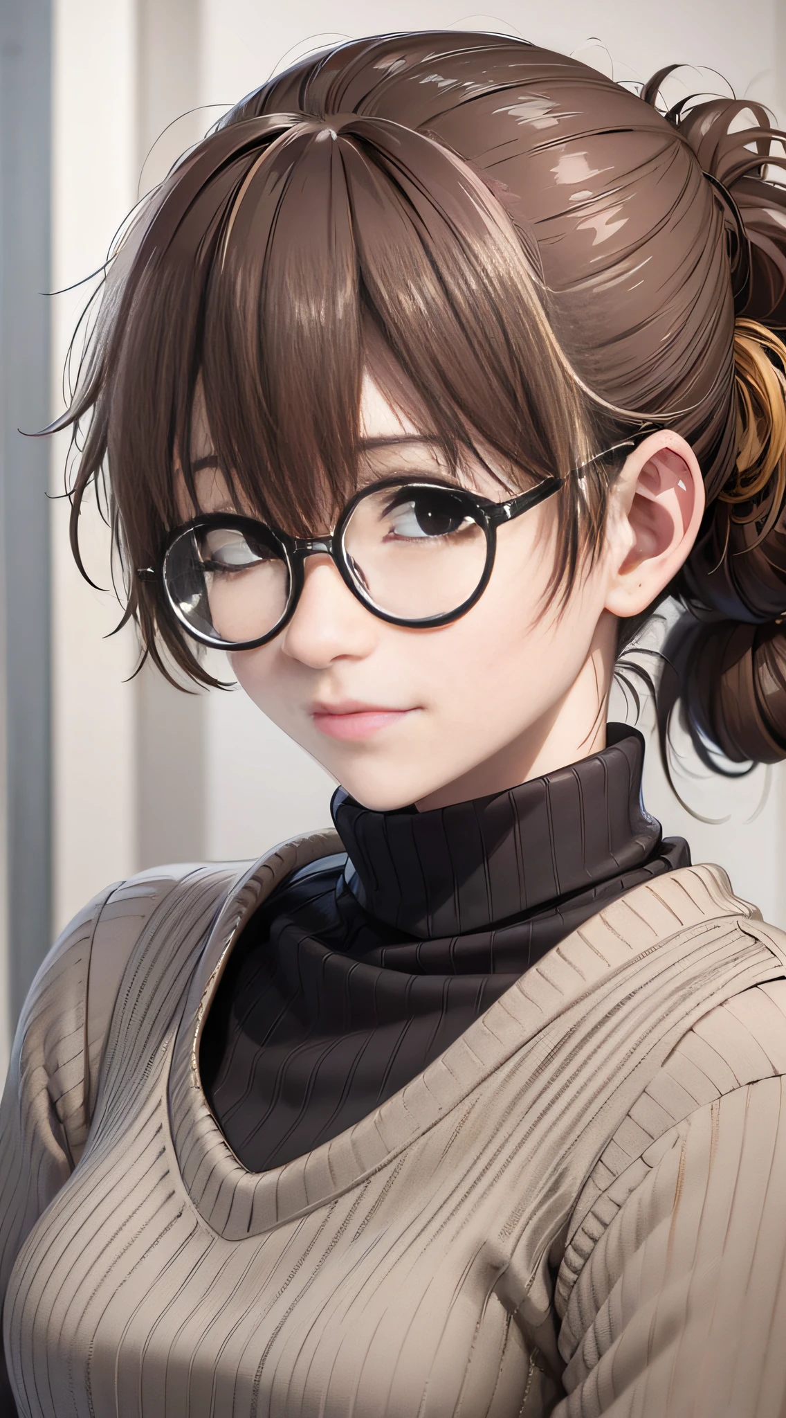 masterpiece, (photorealistic:1.5), best quality, beautiful lighting, 1girl, solo, uguisu_anko, glasses, round eyewear, brown hair, folded ponytail, black eyes, turtleneck sweater, black sweater, short sleeves, upper body, indoors