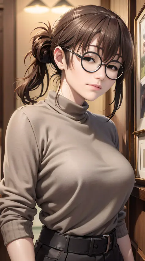 masterpiece, (photorealistic:1.5), best quality, beautiful lighting, 1girl, solo, uguisu_anko, glasses, round eyewear, brown hai...