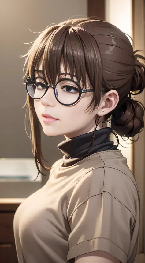 masterpiece, (photorealistic:1.5), best quality, beautiful lighting, 1girl, solo, uguisu_anko, glasses, round eyewear, brown hai...