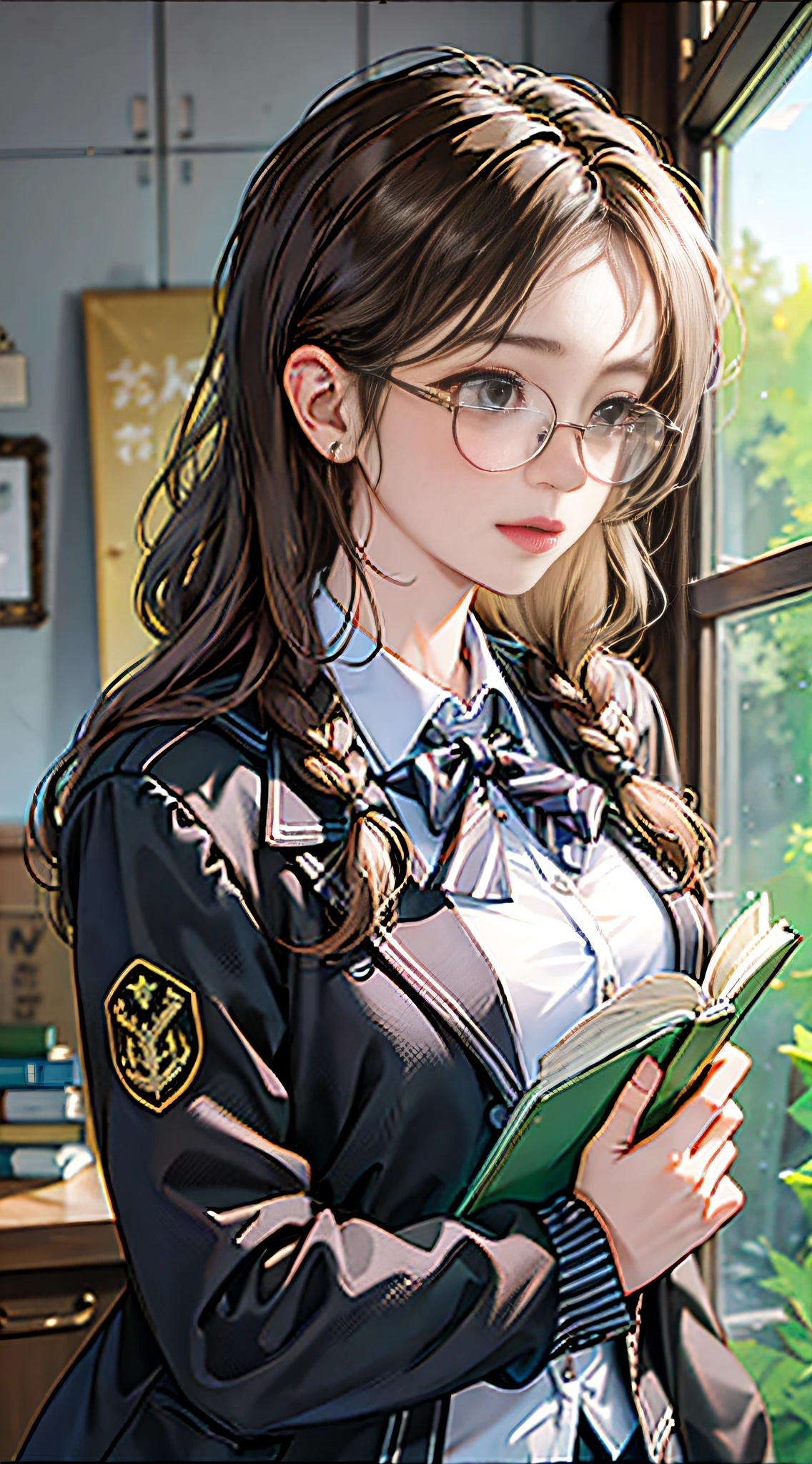 (8k, RAW photo, high sensitivity, best quality, very detailed hair, masterpiece, super high resolution, fidelity: 1.25) kr-pny, thin-framed glasses, front, double braids, split bangs, 1girl, , dark gray cardigan jacket, dark gray blazer, pleated skirt, plaid skirt, gray blonde hair, big breasts, golden round frame glasses, reading, shy and quiet girl, looking away, holding a book,
