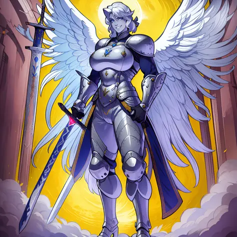 knight, young girl, sword holding , schield holding, angel, silver hair, blue eyes, portrait, 1character, full body, musclegirl ...