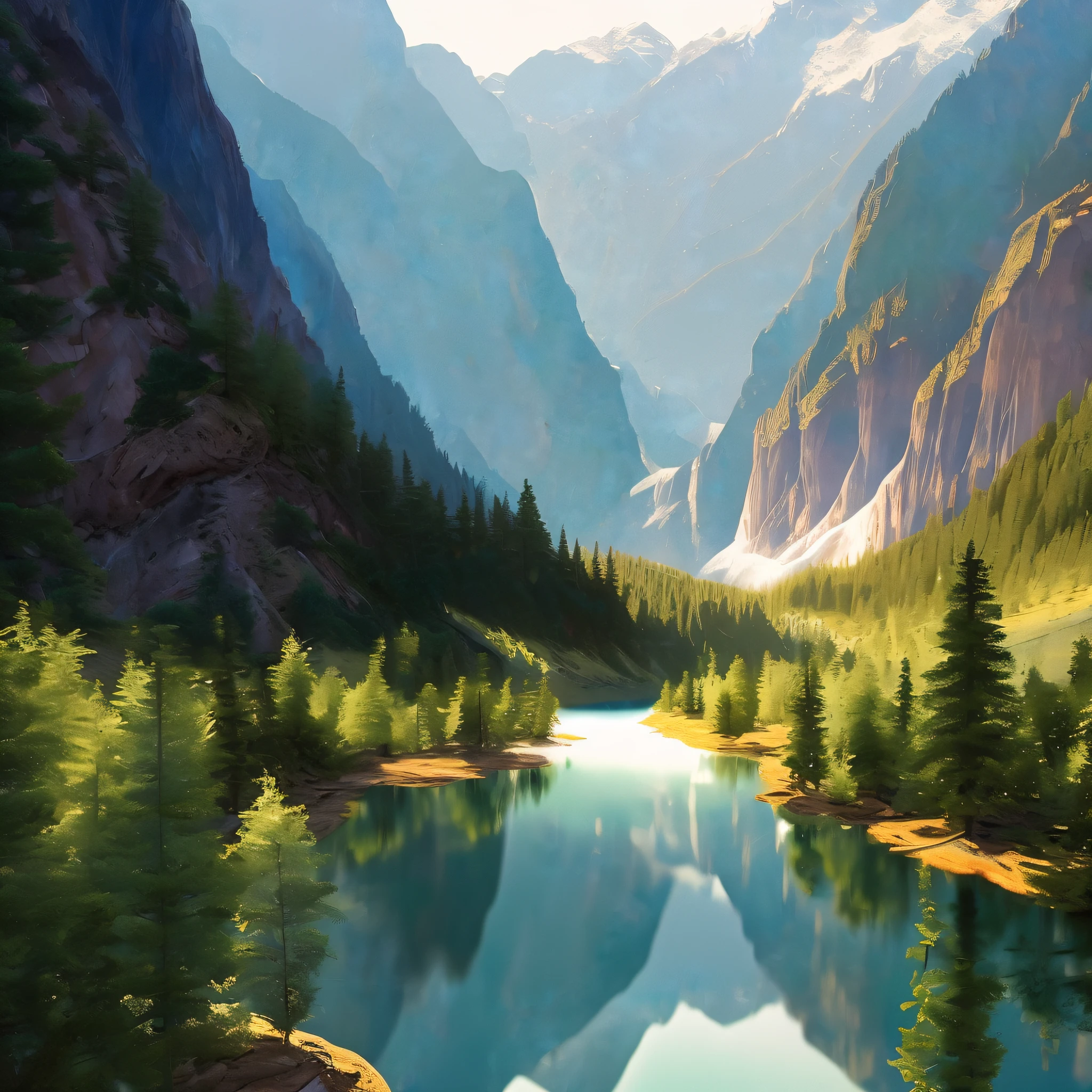 Photo (River Valley: 1) Realistic style, mountains and waters, beautiful scenery, soft light, lush trees, depth of field, master photography, 8k HD.