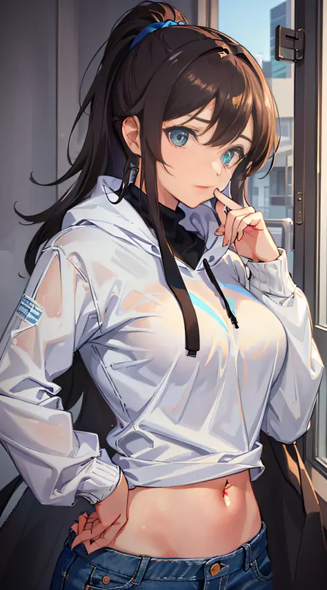 (masterpiece:1.2, best quality), (finely detailed beautiful eyes: 1.2), a girl with a brown ponytail, green eyes, in white hoddie, blue jeans, big breasts, only 1 girl, age 20