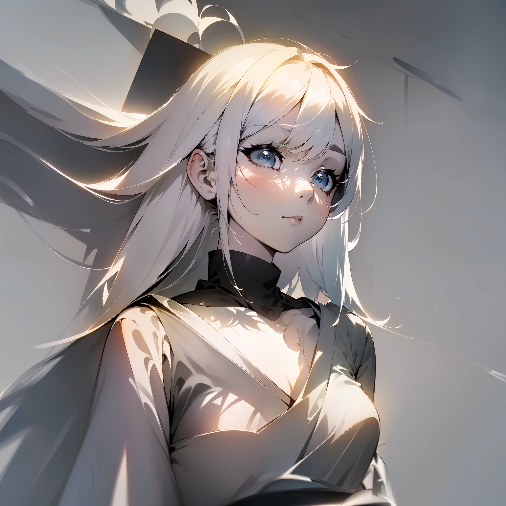 (White-haired girl: 1.2, minimalist: 1.1, Japanese anime, masterpiece, delicate: 1.2, high detail, light and shadow, shadow, fine dust in floating, monochrome background: 0.75)