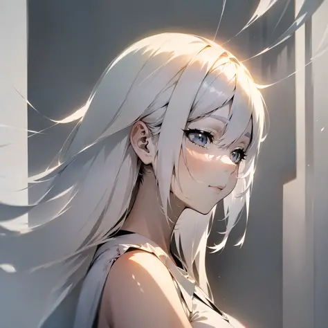 (White-haired girl: 1.2, minimalist: 1.1, Japanese anime, masterpiece, delicate: 1.2, high detail, light and shadow, shadow, fin...