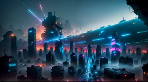 ((wide view)), (((wasteland))), (skyscraper), (((a man standing in front of a huge mechanical wreckage))), (dim light), (broken bridge), steel bars, (((air rail cars))), scattered power lines, electric sparks, tattered future vehicles, garbage dumps, ((sta...