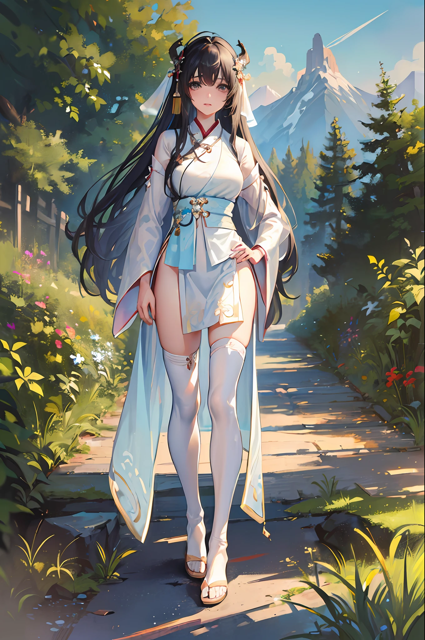 (masterpiece:1.5),(best quality:1.5),(ultra-detailed:1.5),illustration,cowboy shot,1girl,solo,(buildings),perfect face,lustrous skin,long hair,beautiful detailed eyes,beautiful flowing hair,(ru_qun:1.5),(hanfu:1.5),chinese clothes, white dress,white thighhighs, (bloom),lighting, ray tracing,outdoors,  mountains, nature,hair ornament, hair ribbon,hand on hip,looking at viewer,ahoge,large breasts, (deep depth of field:1.5),hair ornament, forest,barefoot sandals