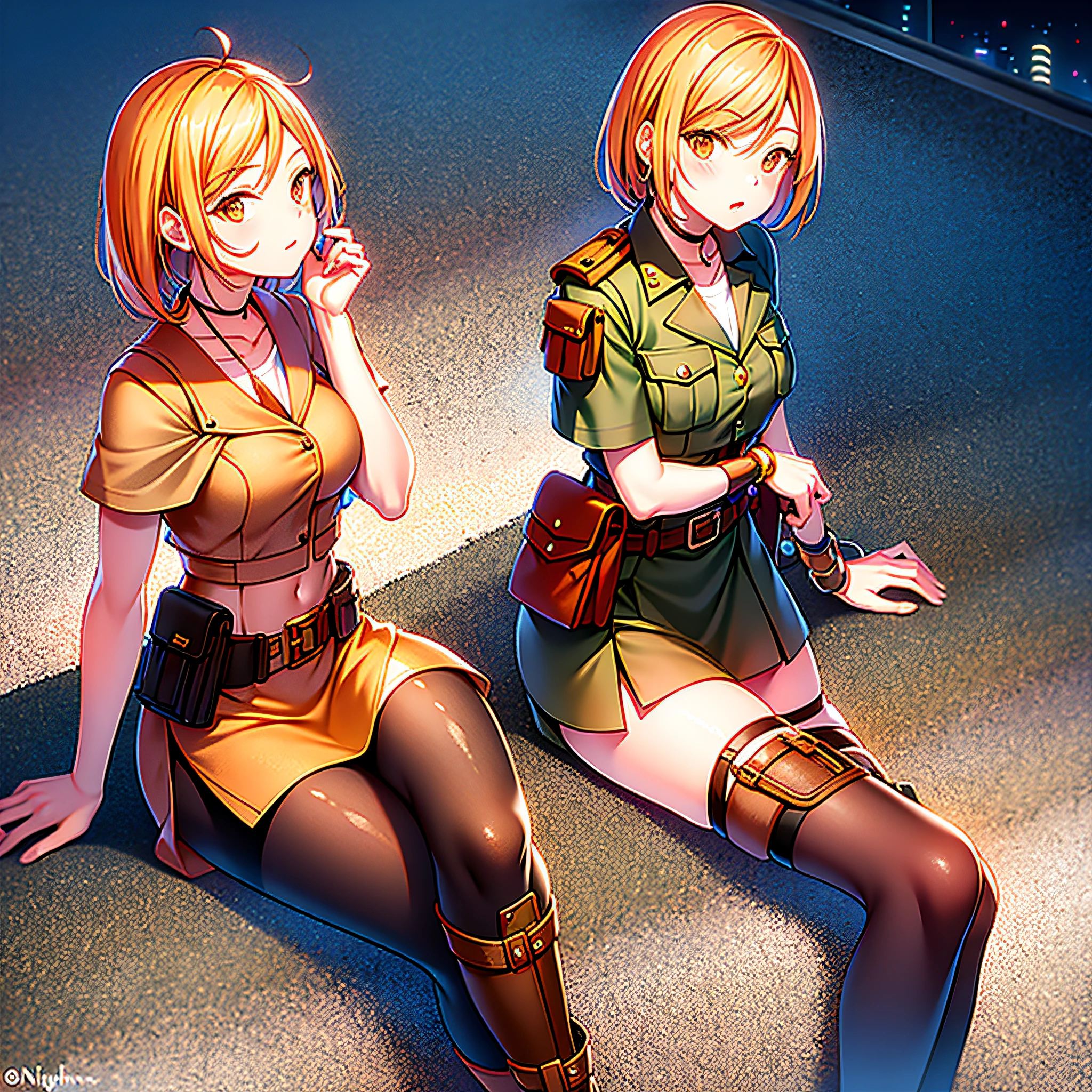 orange eyes light,richly faded light orange hair, anime 1girl, khaki t-shirt, khaki skirt, brown military boots, pouch on the waist belt, khaki bikini, "black tights", "dark_orange knee pad on right leg",( night city:1.4), black long cloak, (good hand:1.5 ) good legs, (Good face: 1.5), 1girl, best hand, no worst hand.