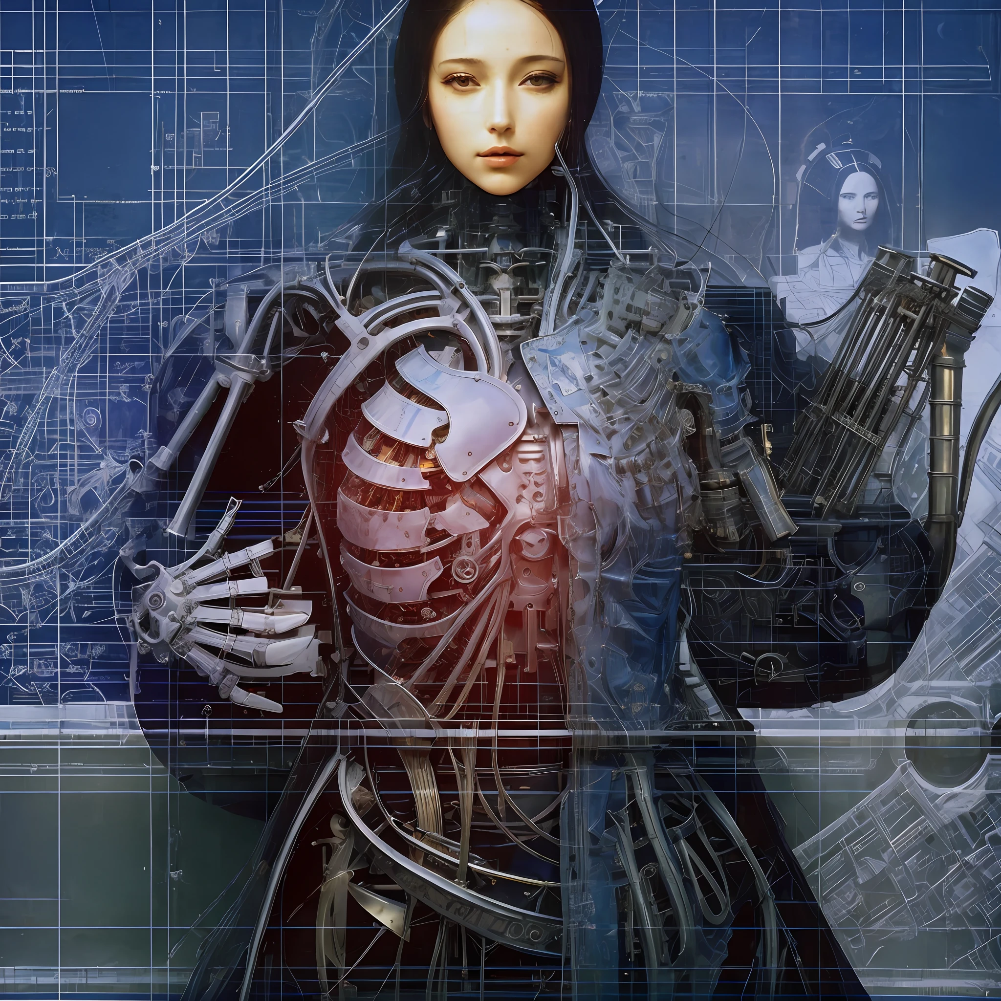 An adult cyborg woman with a built-in body fused with a musical instrument. A woman with the face of the Mona Lisa opens her chest to show her contents. The internal organs of human beings are depicted in detail. The musical instruments are depicted in detail. Woman with very detailed blueprint background with map and topographic map of Rome city on blue background and machine blueprints rendered in layers. The internal organs are fused with the metal of the instrument like a robot, and the grotesque internal organs and flesh of the living organism are incorporated within iron pipes, ganglia, brass skeletons, and an endoskeleton frame made of gold, silver and iron. Blood flows through the blood vessels. Biological and biological, her body is like a beautiful church building, and the entire screen has a majestic atmosphere like Notre Dame Cathedral