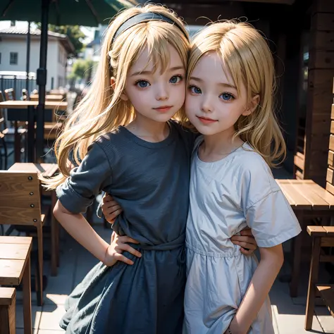A two kid girl with small body embrace each other, blonde europe kid